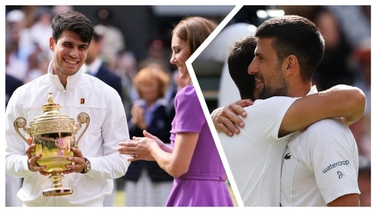 Carlos Alcaraz derrotó a Novak Djokovic por 6-2, 6-2, 7-6 (4) en la final masculina de Wimbledon (AP-Reuters)