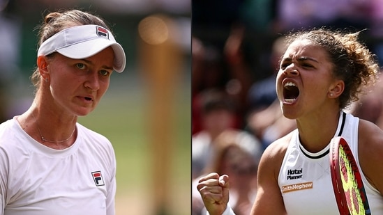 Esta combinación de imágenes creada el 11 de julio de 2024 muestra a la italiana Jasmine Paolini en la semifinal de tenis individual femenino y a la checa Barbora Krejcikova (AFP)