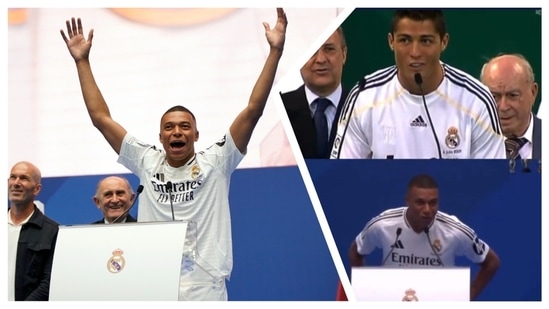 Mbappé finalizó su discurso pidiendo a la multitud que se uniera a él y coreara “Hala Madrid” (AP-X)