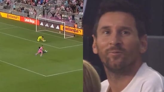 Lionel Messi reacciona al doblete de Luis Suárez.