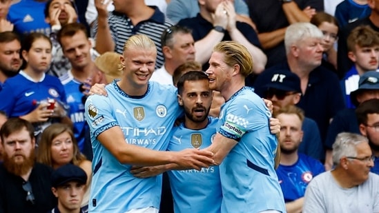 Erling Haaland, del Manchester City, celebra su primer gol. (Imágenes de acción vía Reuters)