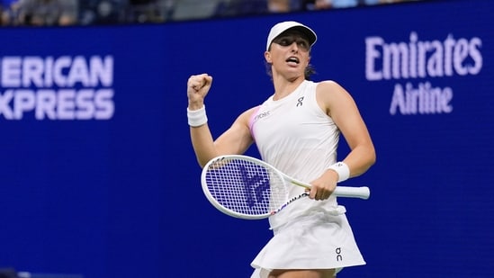 La tenista polaca Iga Swiatek reacciona tras derrotar a la rusa Anastasia Pavlyuchenkova durante la tercera ronda del Abierto de Estados Unidos, el sábado 31 de agosto de 2024, en Nueva York (AP)