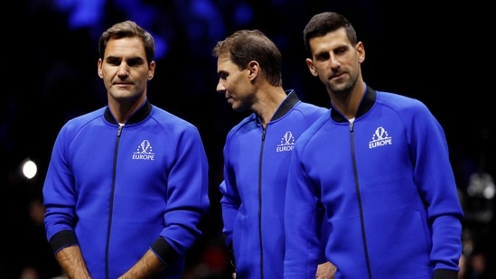 Roger Federer, Rafael Nadal y Novak Djokovic durante la Laver Cup 2022 (Action Images vía Reuters)