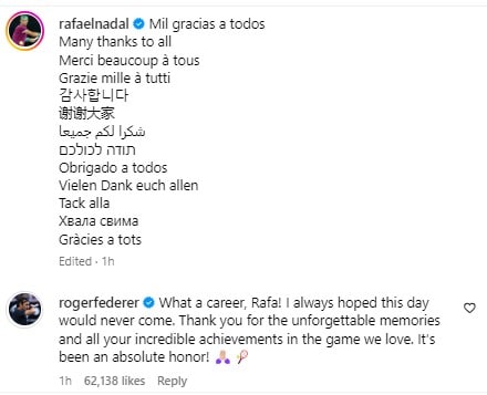 Federer rindió homenaje a Nadal en respuesta al post del español anunciando su retirada (Instagram)