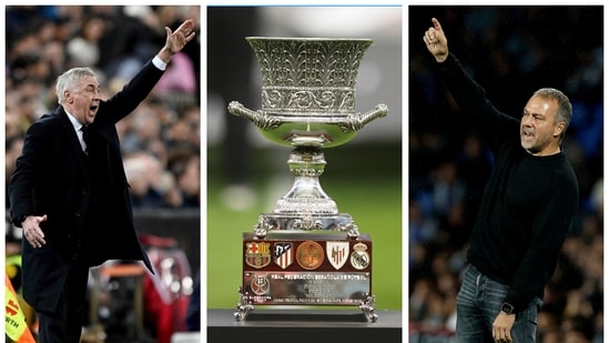 Una imagen combinada muestra al entrenador del Real Madrid, Carlo Ancelotti, con el trofeo de la Supercopa de España y al entrenador del FC Barcelona, ​​Hansi Flick, antes de la final de la Supercopa de España. (REUTERS)